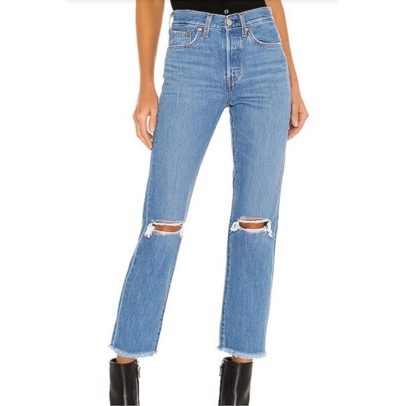 Levi's Wedgie Straight Distressed Ankle Jeans Size 24x26 Classic Festival Boho - Picture 1 of 12